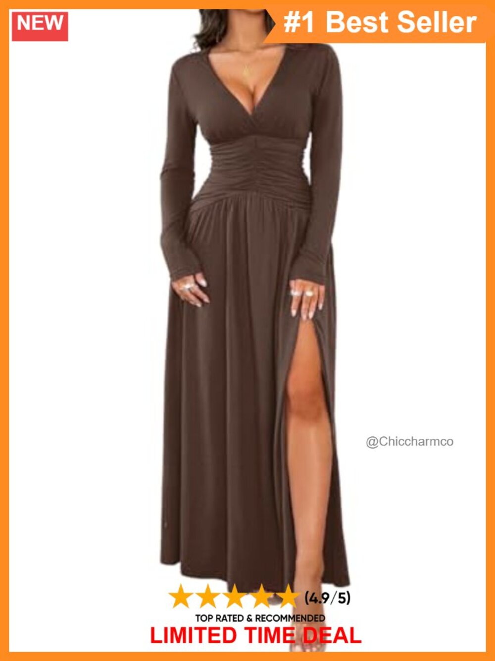 Long Sleeve Deep V Neck High Slit Maxi Dress Ruched Empire Waist Formal